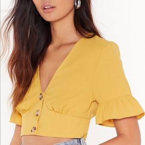 Nasty Gal Size 4 Mustard Button Down Crop Top